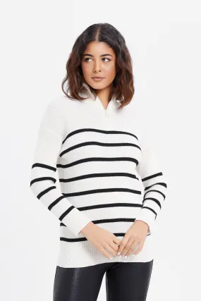 Women Black White Striped Sweater