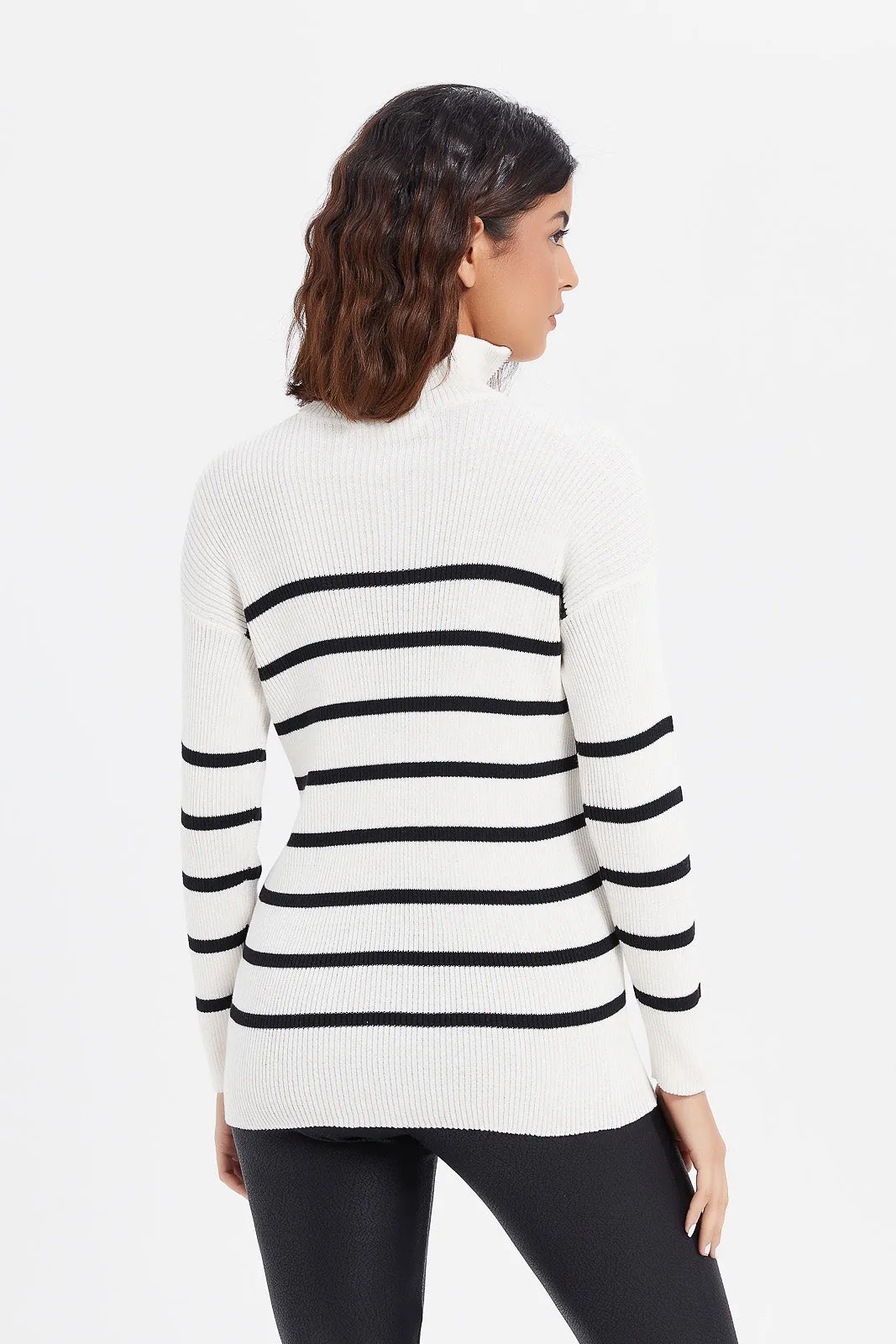 Women Black White Striped Sweater