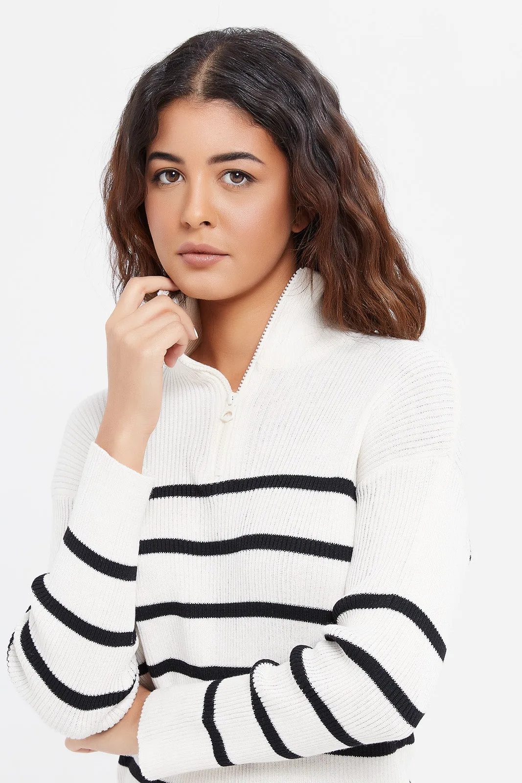 Women Black White Striped Sweater