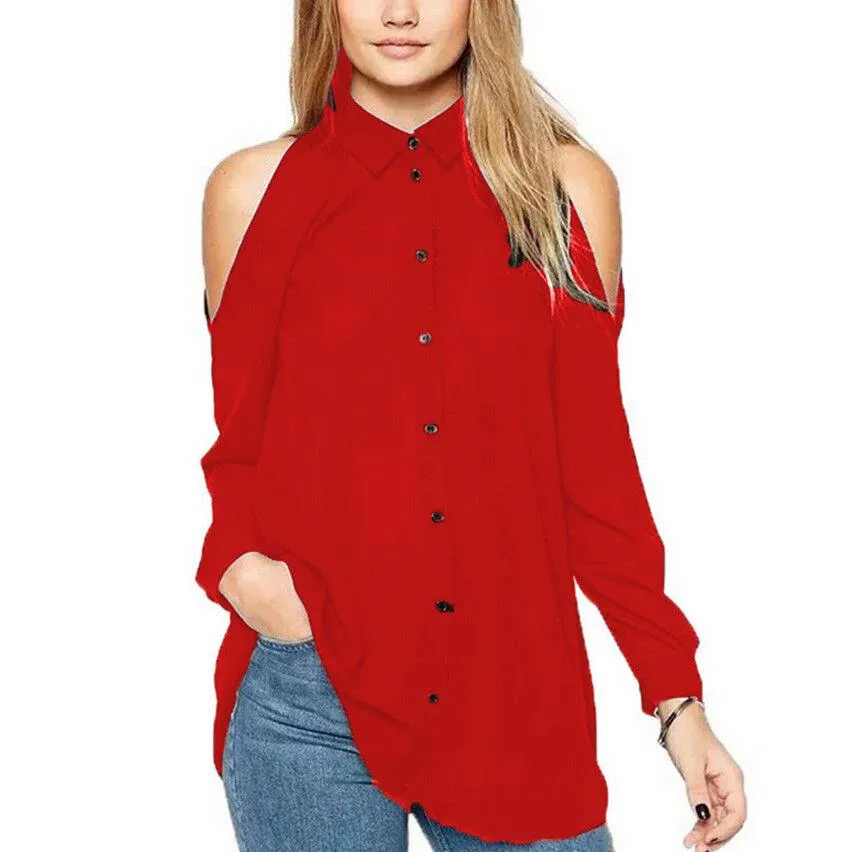 Off-Shoulder Buttoned Women's Long Sleeve Collared Shirt