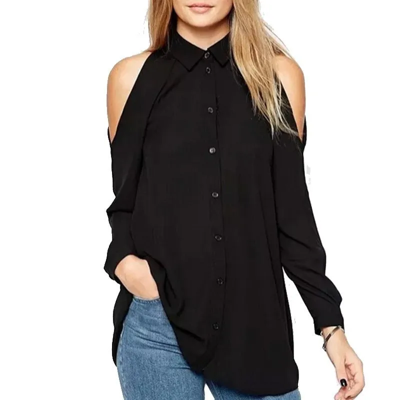 Off-Shoulder Buttoned Women's Long Sleeve Collared Shirt