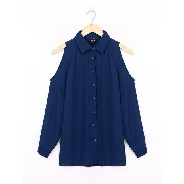 Off-Shoulder Buttoned Women's Long Sleeve Collared Shirt