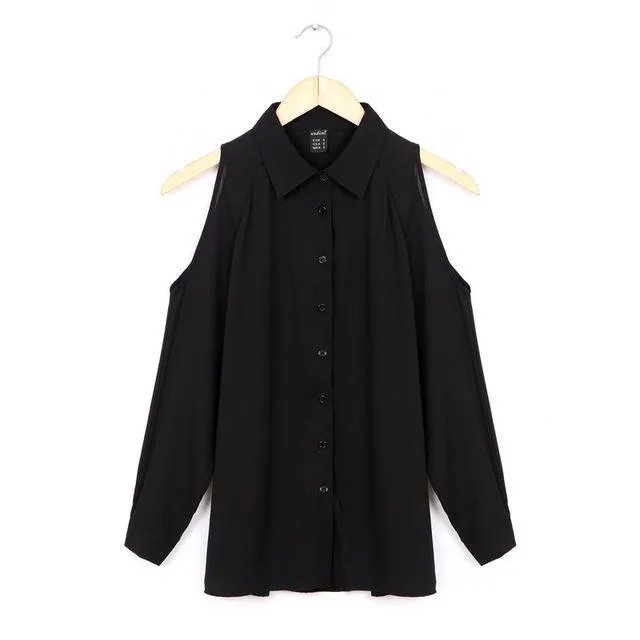 Off-Shoulder Buttoned Women's Long Sleeve Collared Shirt