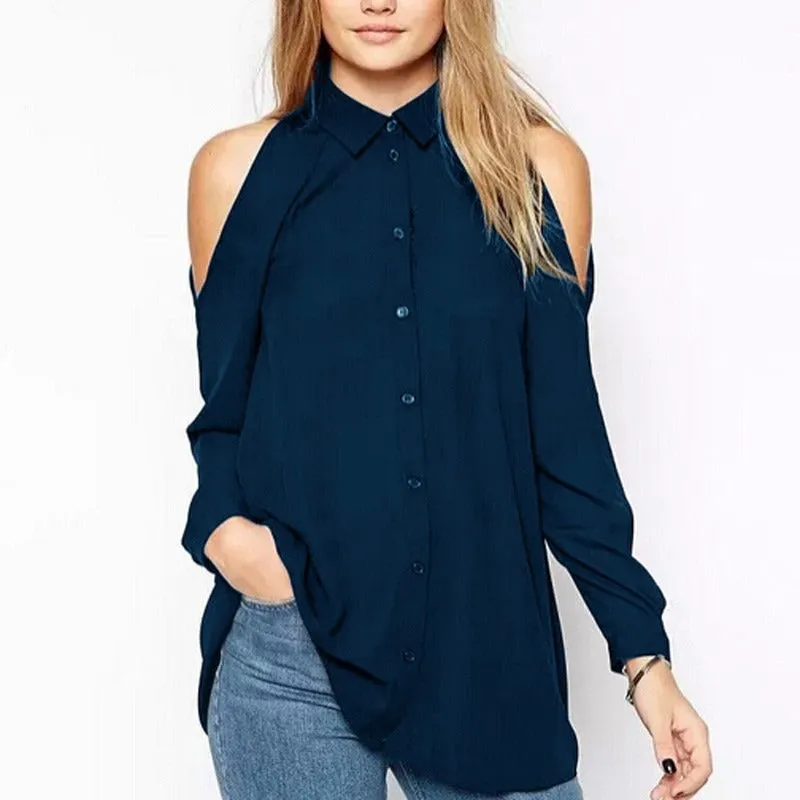 Off-Shoulder Buttoned Women's Long Sleeve Collared Shirt