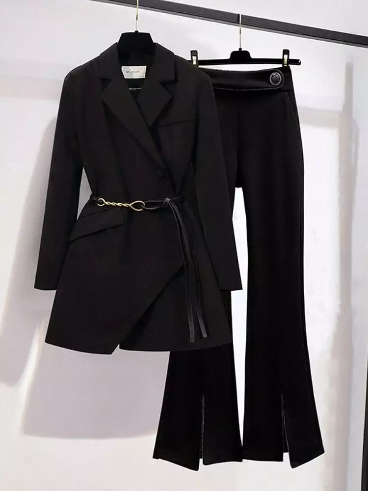 Women's irregular design blazer and bell bottoms office sets in solid color.