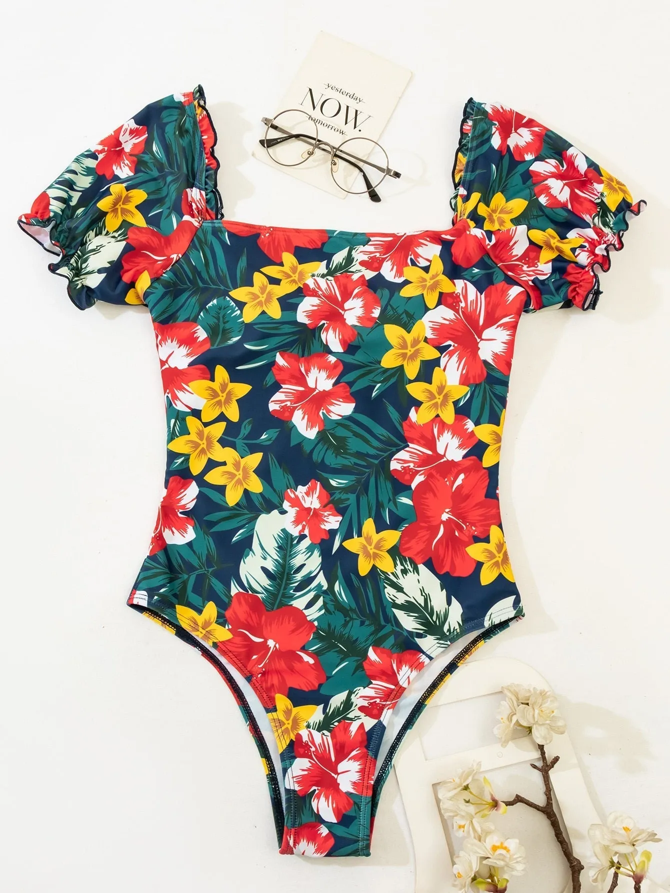 Women's Vintage Floral Print Ruffled Short Sleeve One Piece Swimsuit