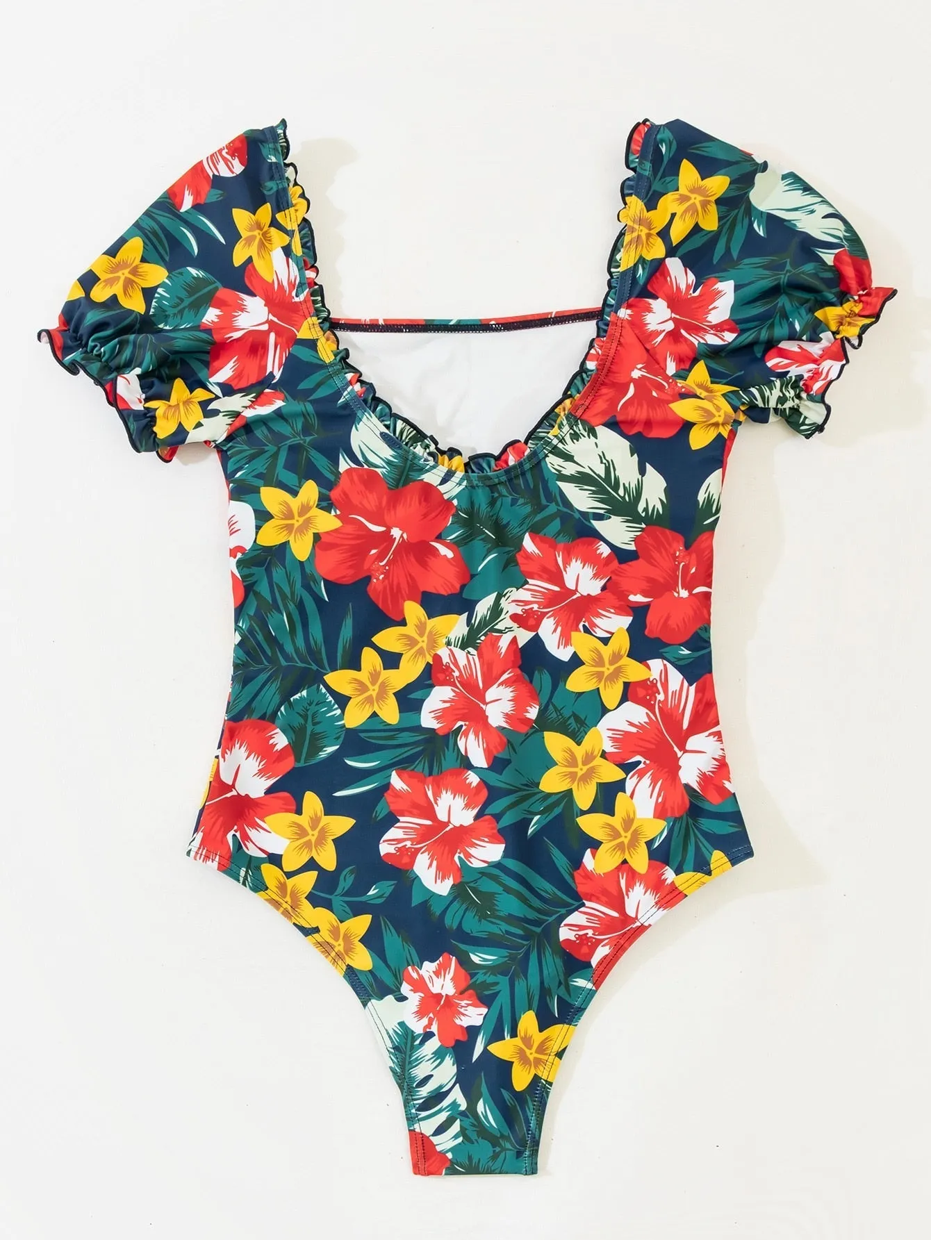 Women's Vintage Floral Print Ruffled Short Sleeve One Piece Swimsuit