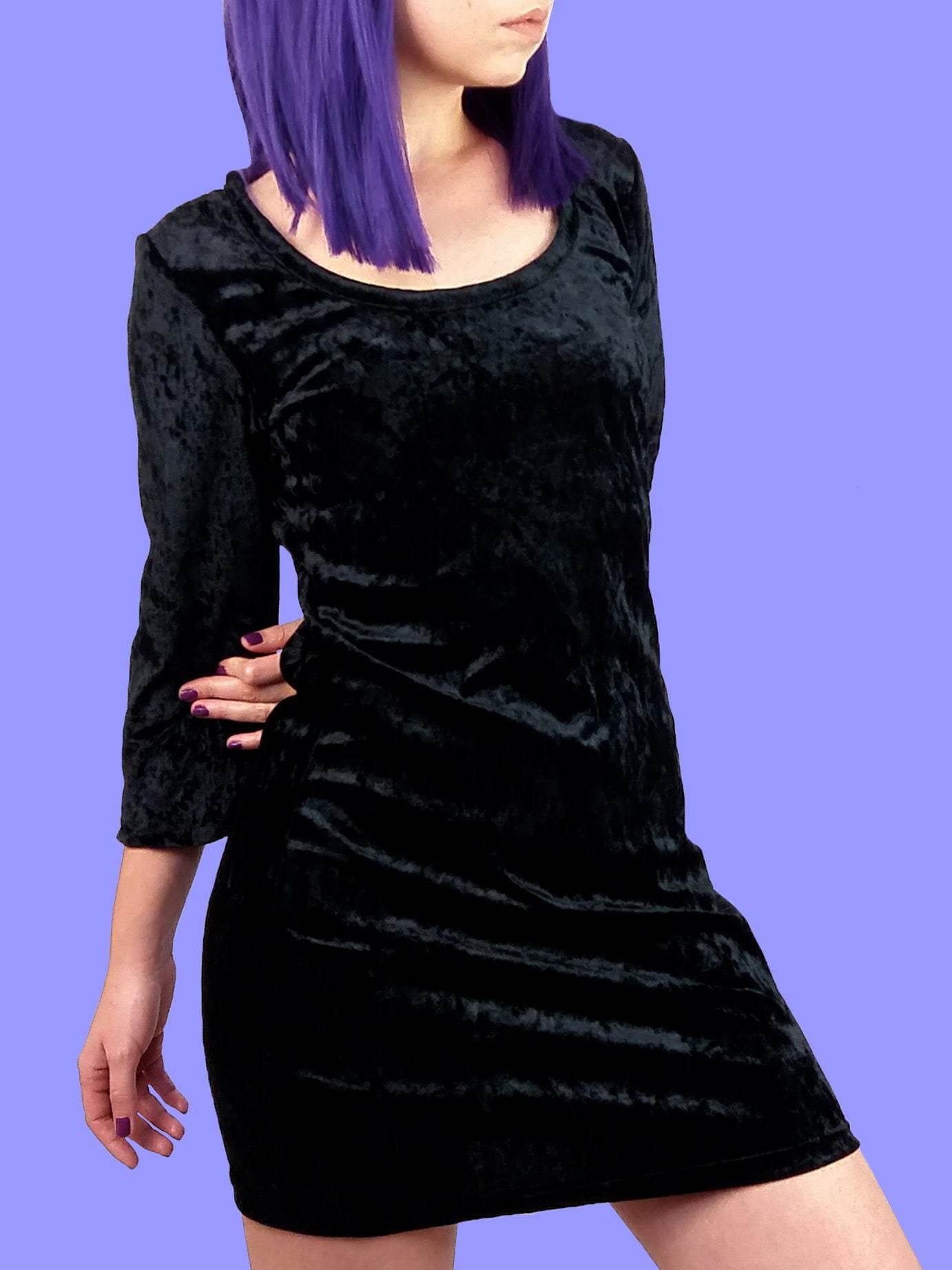 Y2K Black Velour Mini Dress with Lace Back - Small to Medium Size.