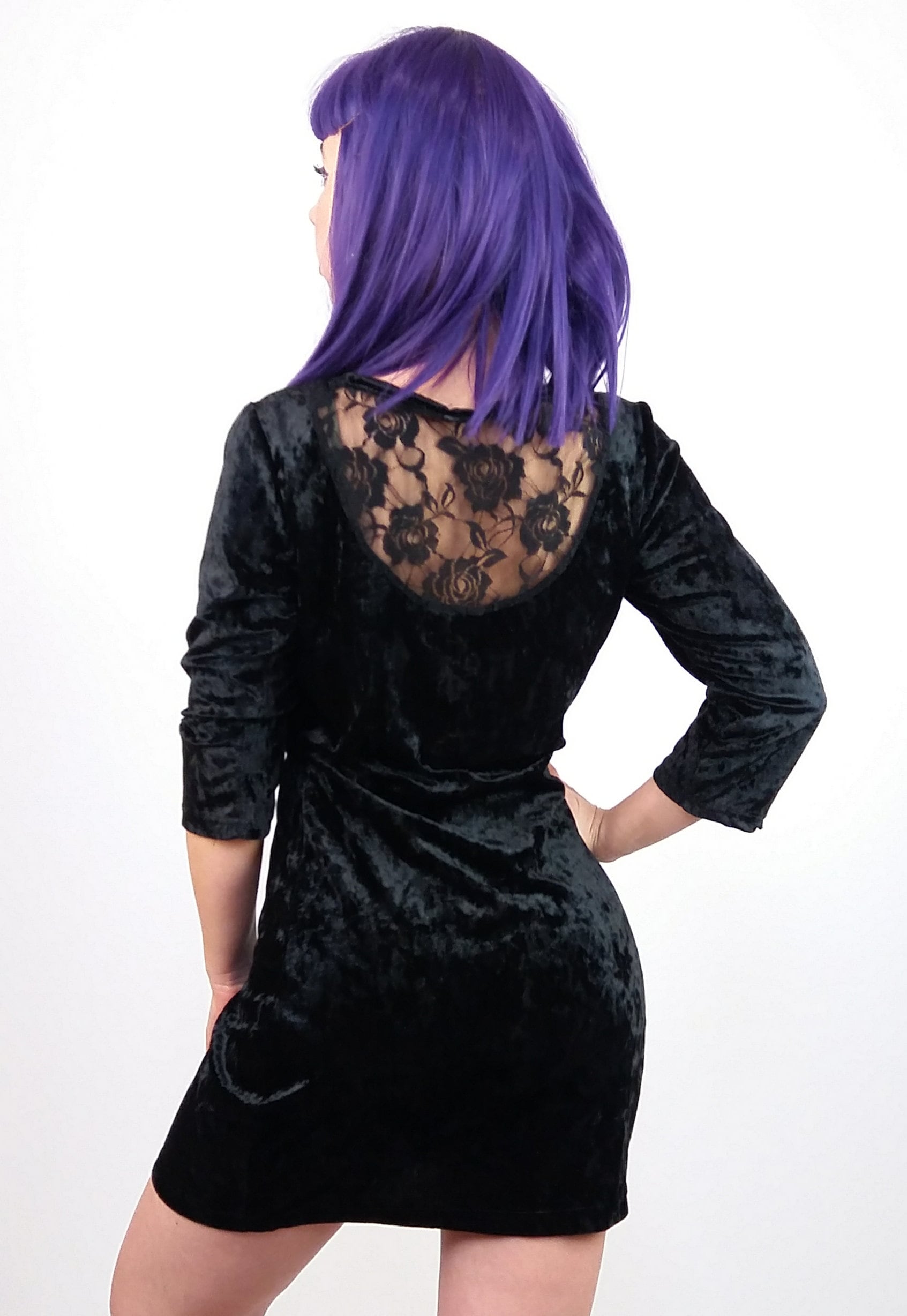 Y2K Black Velour Mini Dress with Lace Back - Small to Medium Size.