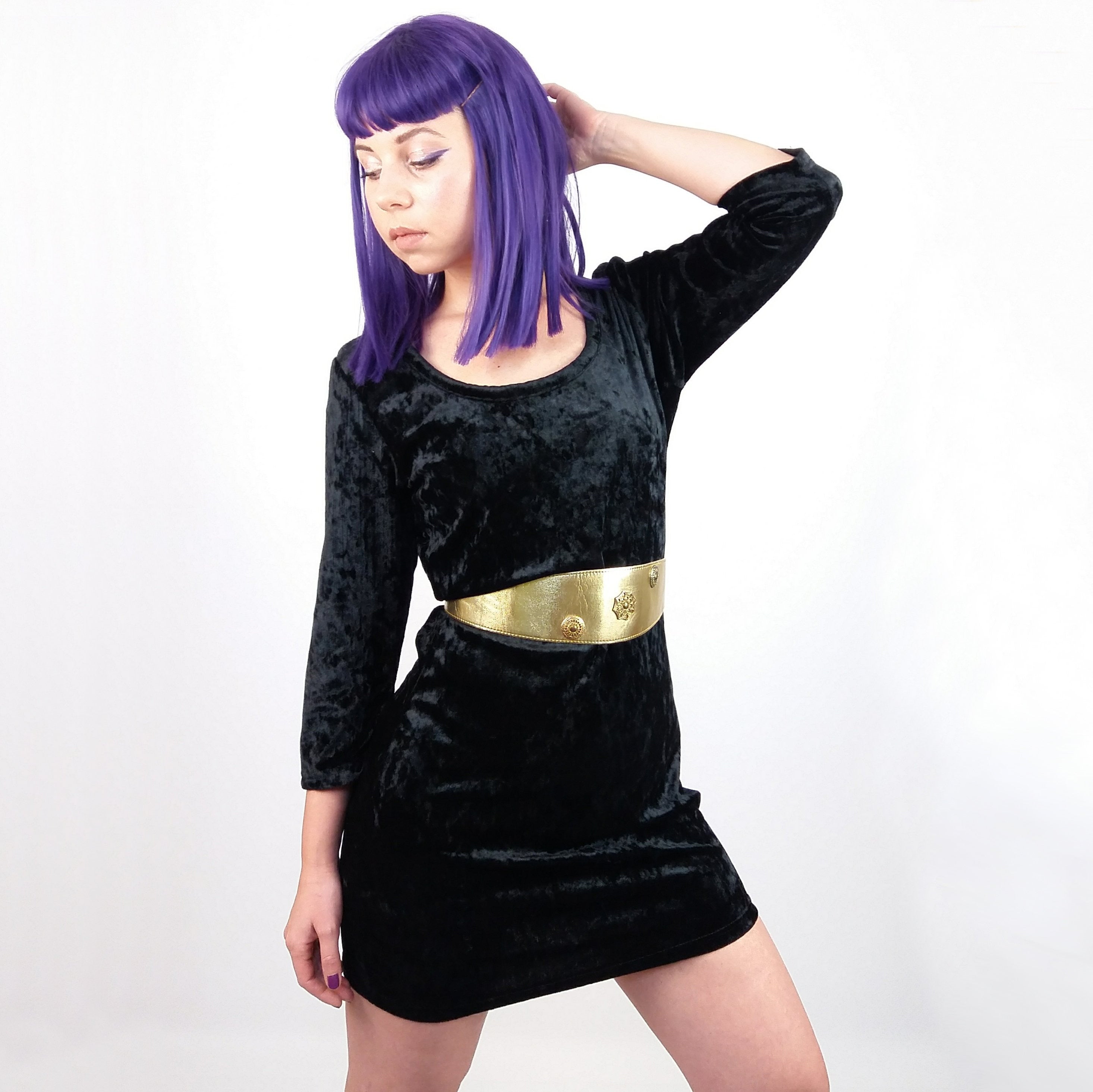 Y2K Black Velour Mini Dress with Lace Back - Small to Medium Size.