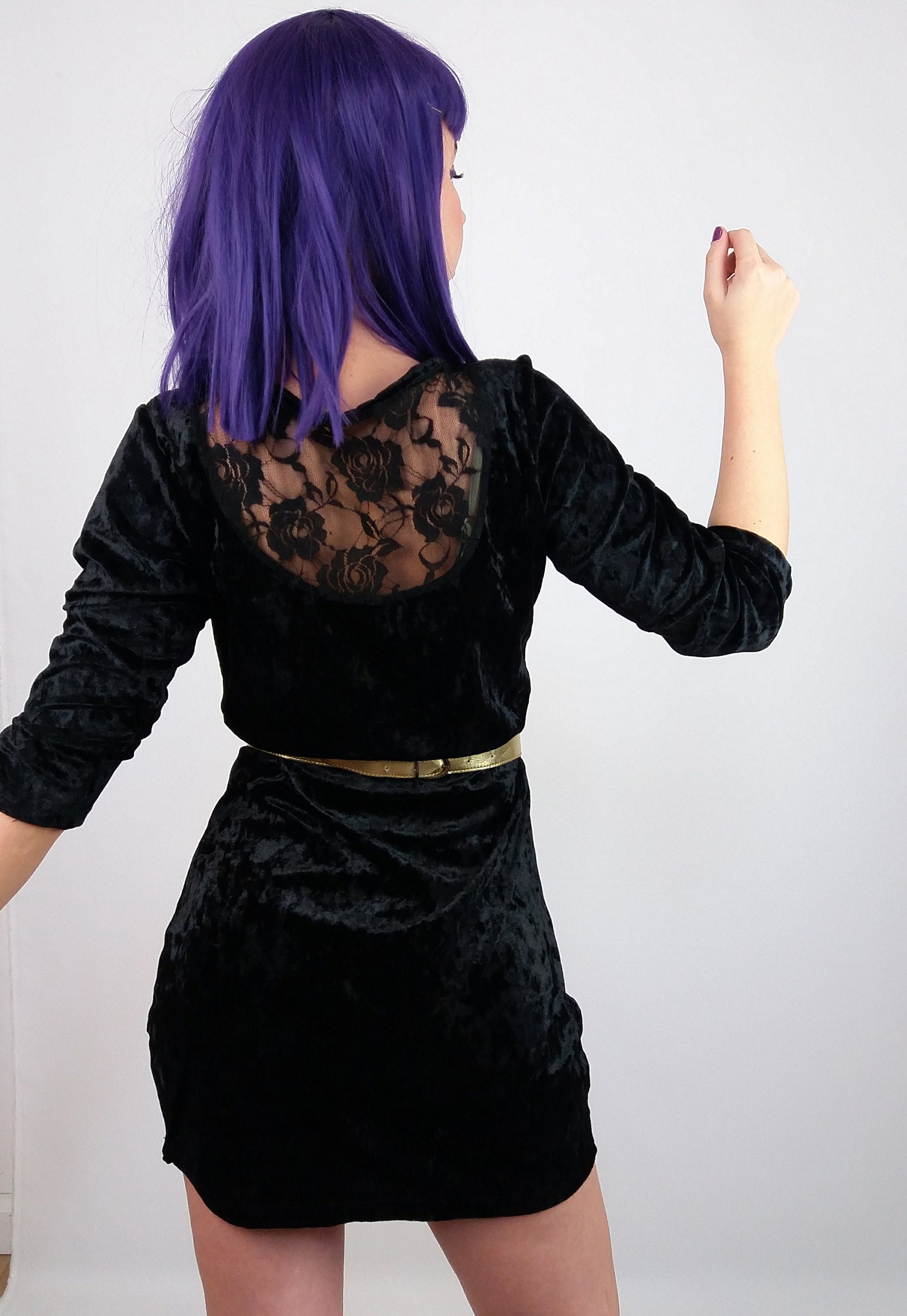 Y2K Black Velour Mini Dress with Lace Back - Small to Medium Size.