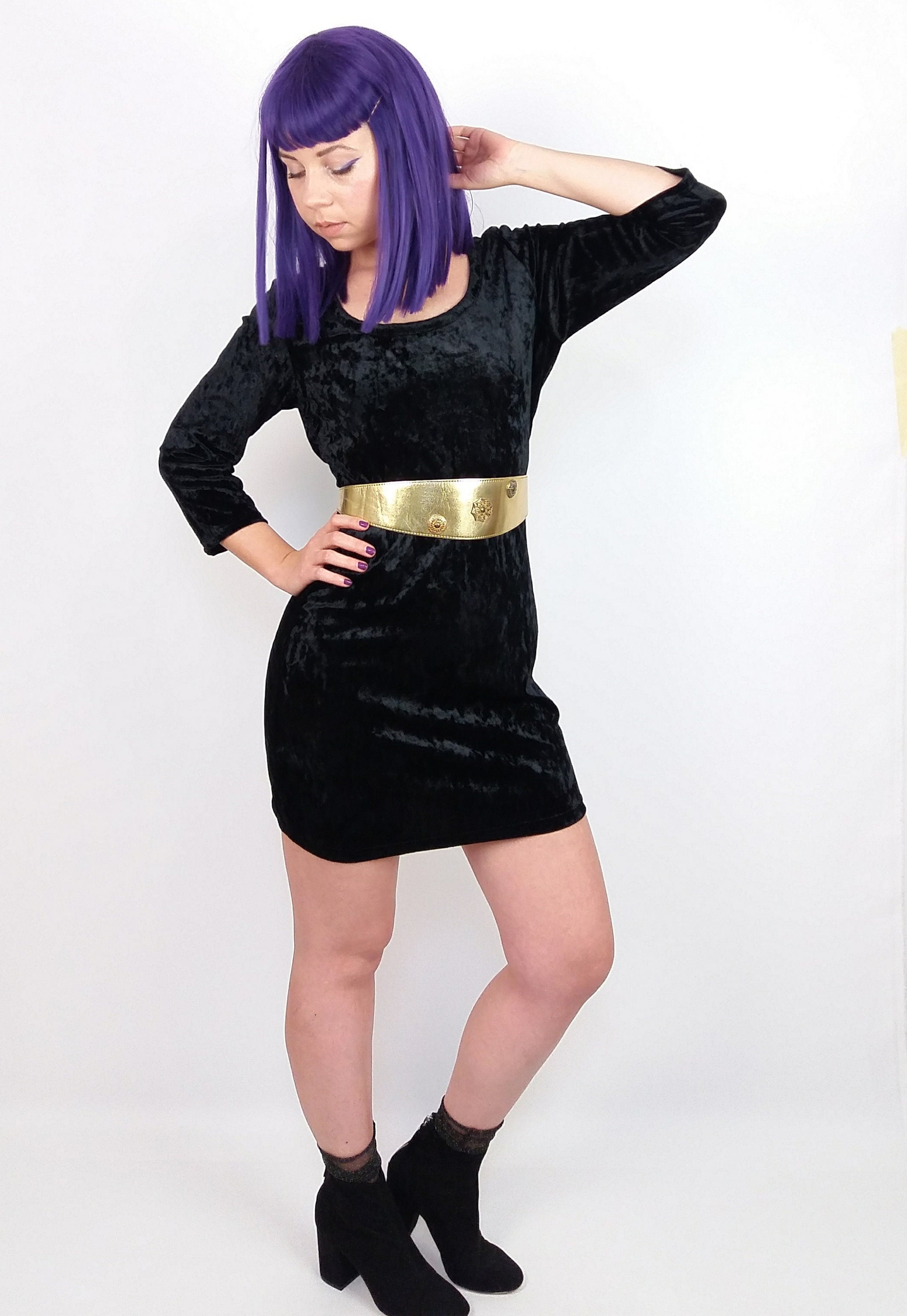 Y2K Black Velour Mini Dress with Lace Back - Small to Medium Size.