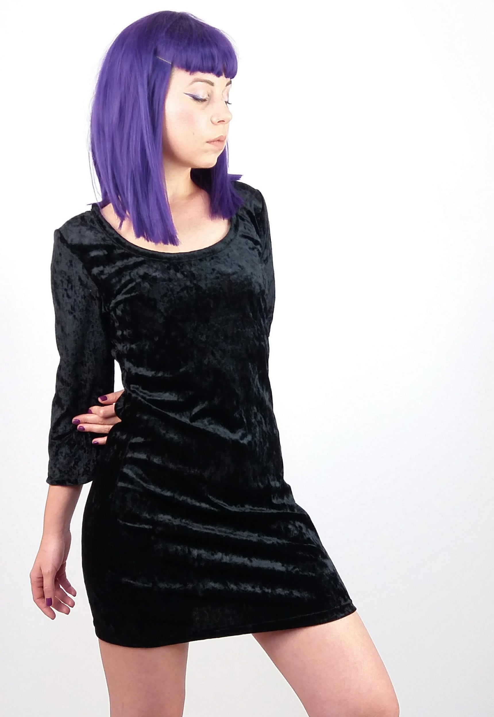 Y2K Black Velour Mini Dress with Lace Back - Small to Medium Size.