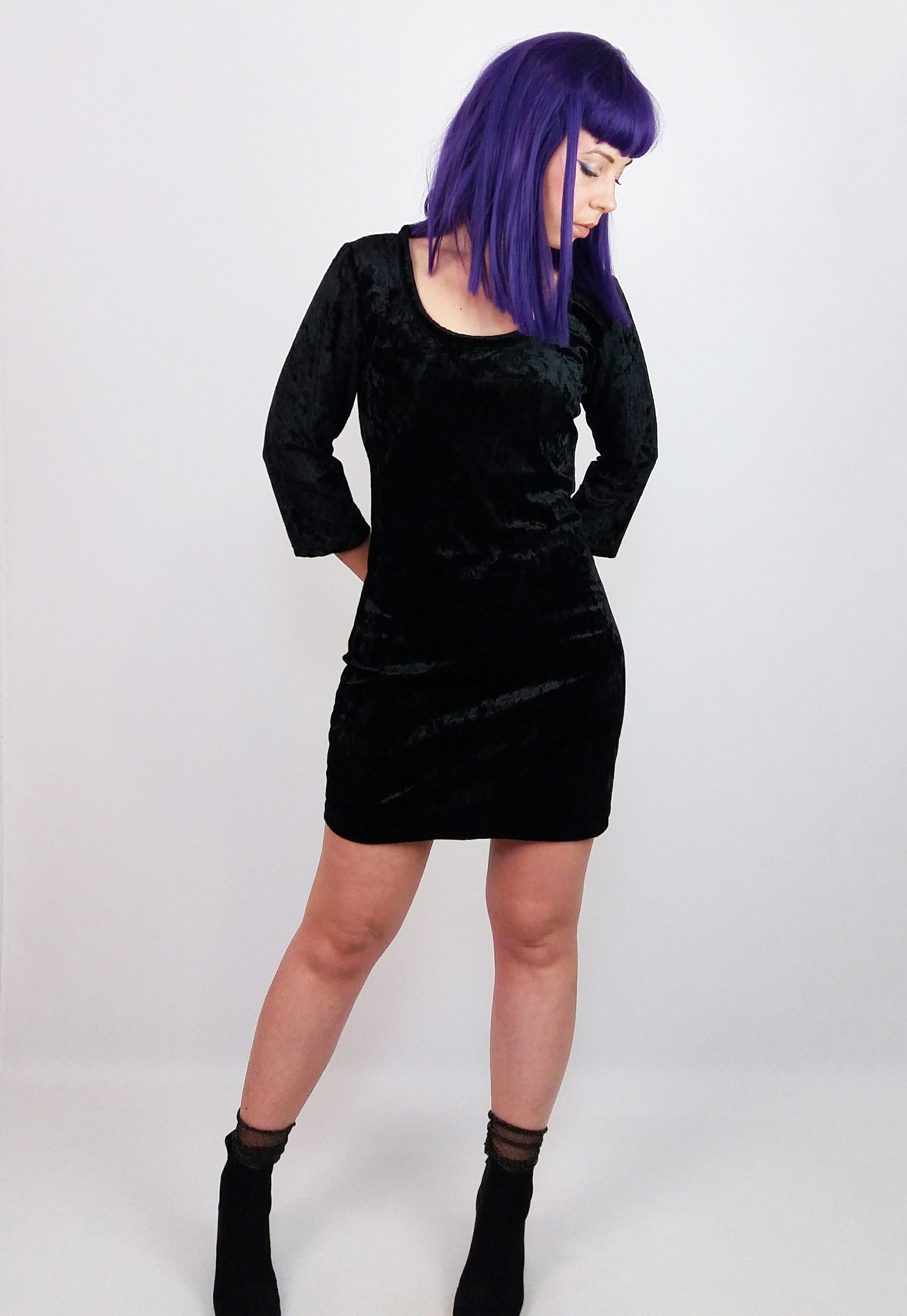 Y2K Black Velour Mini Dress with Lace Back - Small to Medium Size.