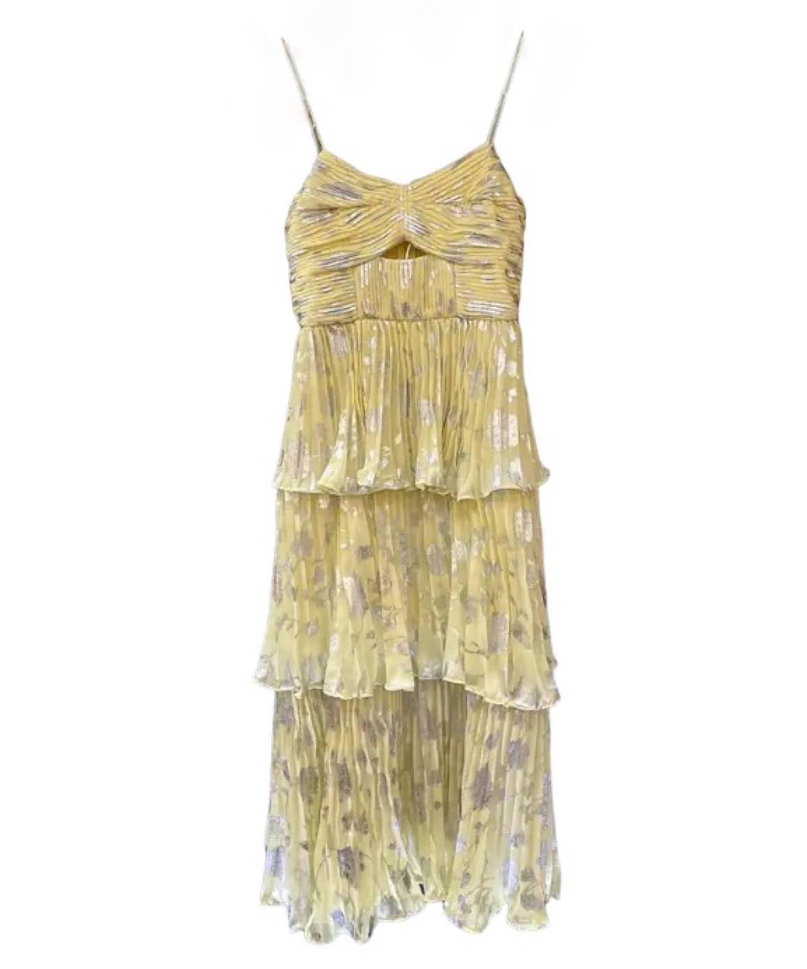 Yellow Metallic Print Layered Chiffon Midi Dress