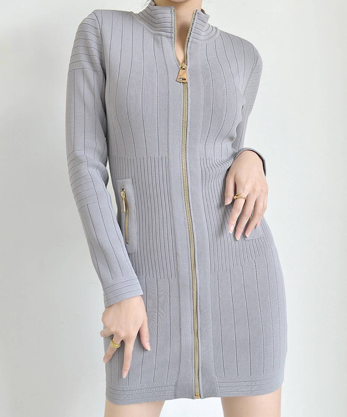 Zippered Gray Knitted Mini Dress